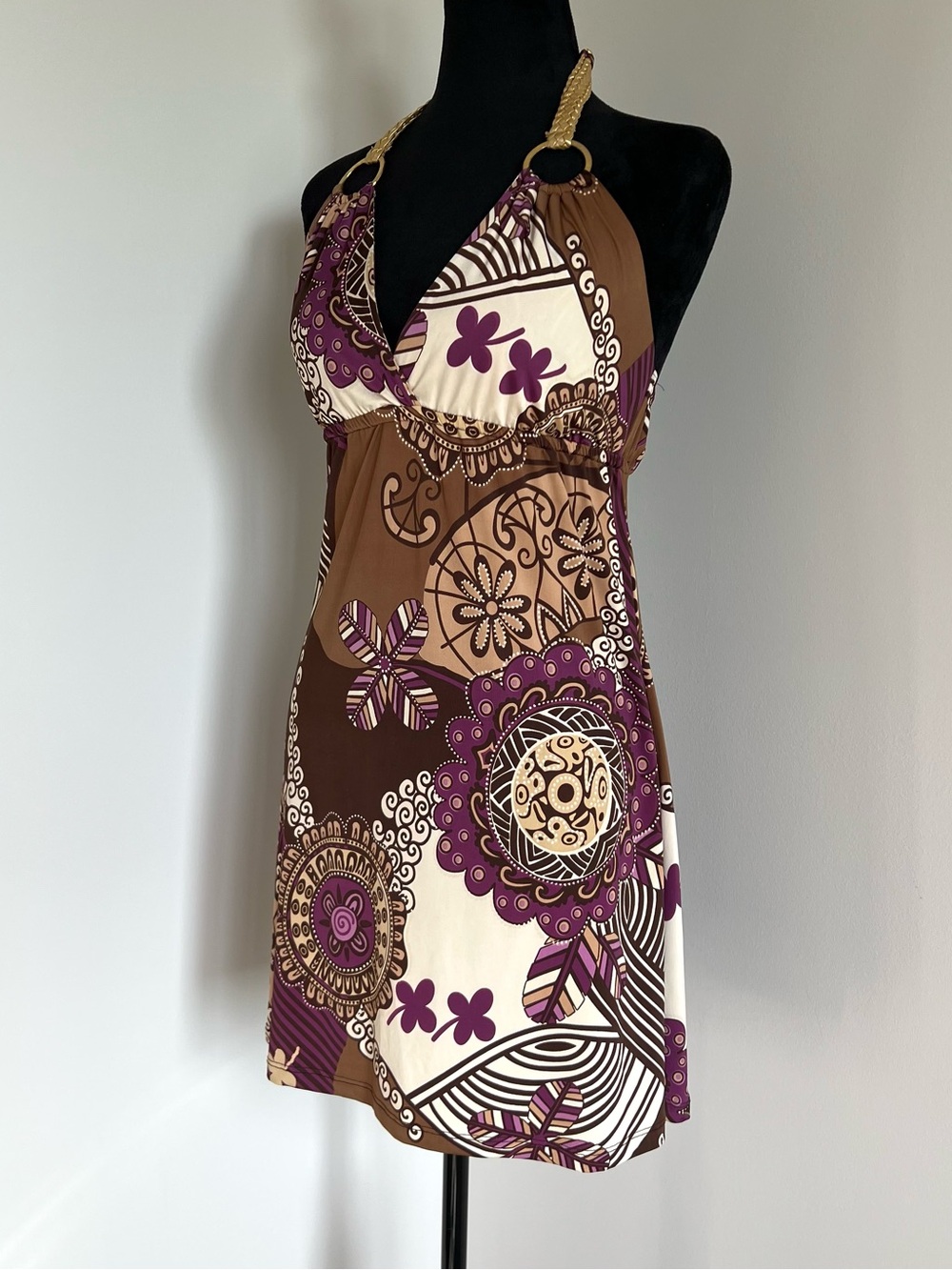 NWT Boho Halter Neck with Purple & Brown Floral Print - Sundress / Beach Dress
